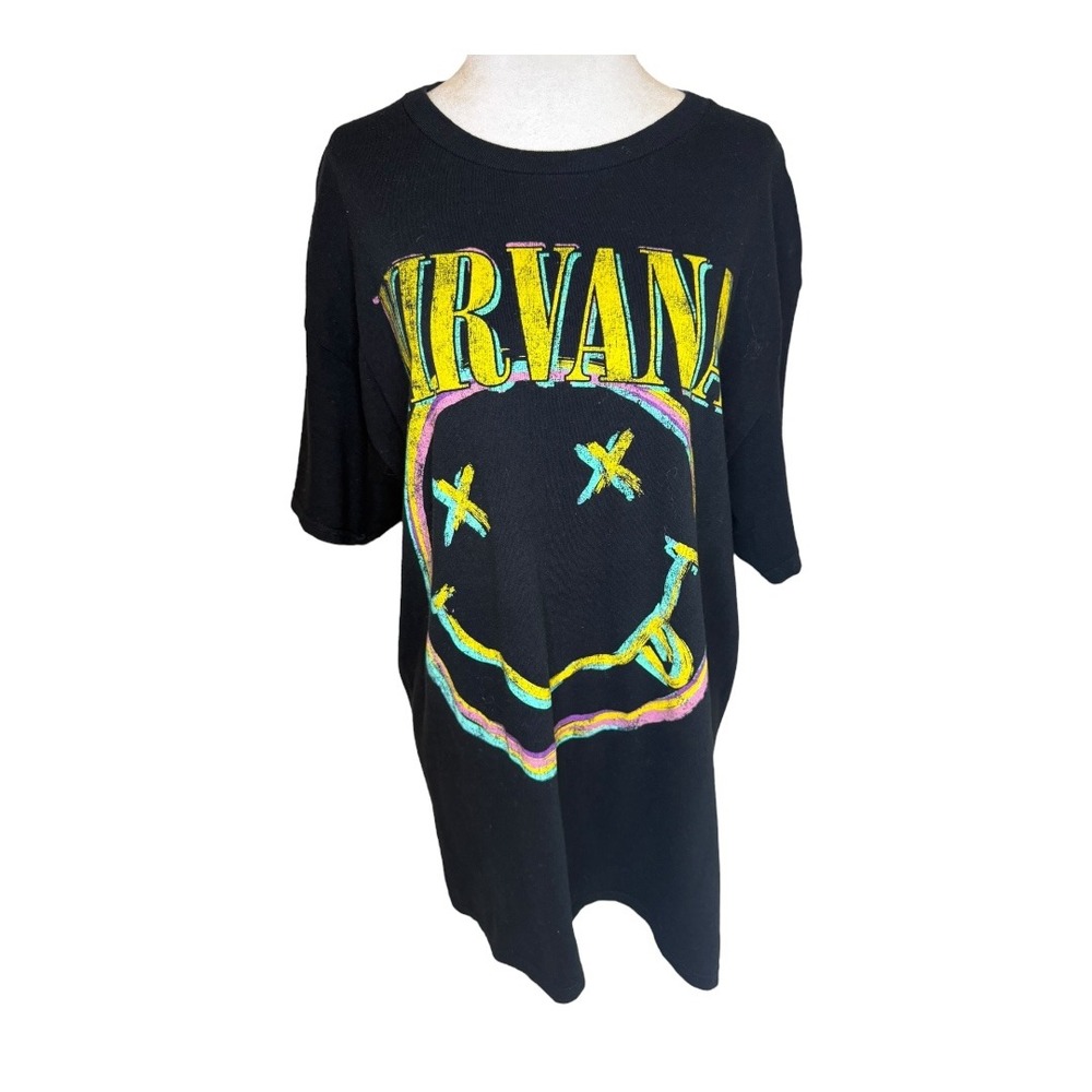 Nirvana Black Graphic Band Tee with Neon Smile Logo